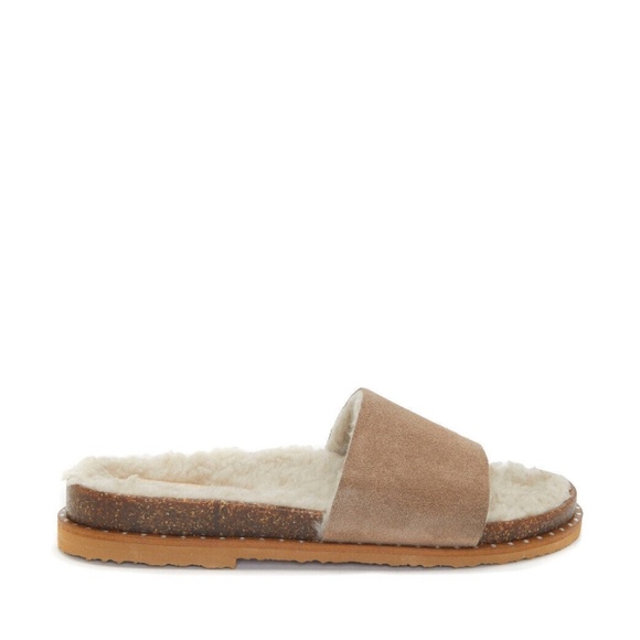 New Vince Camuto Women's Kanadial Slide Sandal Suede Faux Fur Tan Comfy NIB - Picture 4 of 7